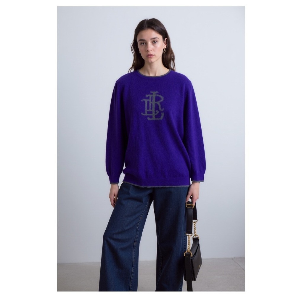 Lauren Ralph Lauren Purple 100% Cashmere Monogram Logo Sweater XL